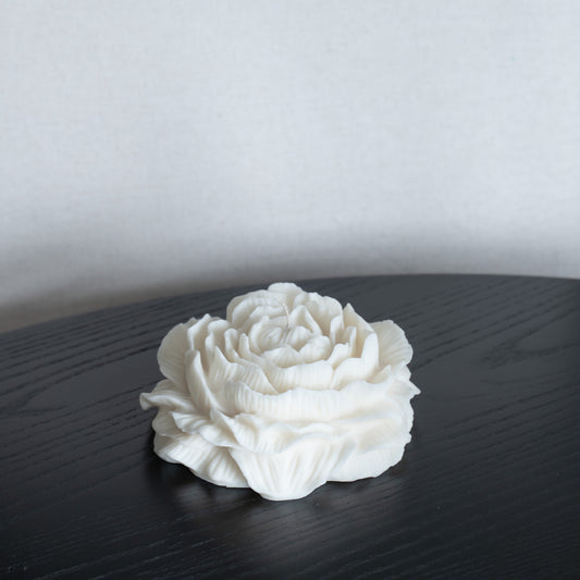 Kerze Bløma in großer Pfingstrosenform, große Blüte in natürlichem Cremeton, Designkerzen, Rapswachs, handgefertigt in Hamburg, 100 % pflanzlich & nachhaltig. Studio Z. Dekoriert auf schwarzem Tisch vor hellem Hintergrund.